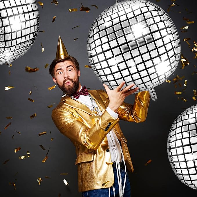 Leitee 18 Pcs 32 in Big Disco Ball Balloon 70s Disco Balloons Party Decoration Large 4d Aluminum Foil Inflatable Ball Giant Silver Metallic Mirror Decor for Baby Shower Wedding Birthday Dance Party