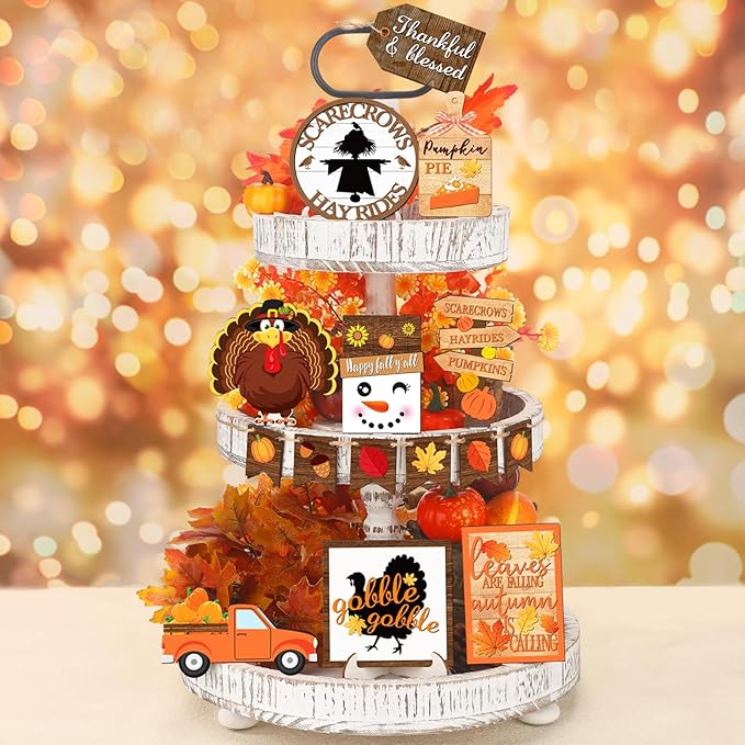 15 Pcs Thanksgiving Tiered Tray Decorations Set Thanksgiving Fall Pumpkin Turkey Home Decorations Rustic Farmhouse Truck Wooden Sign Spice Blocks Autumn Wooden Sign for Gift Tabletop