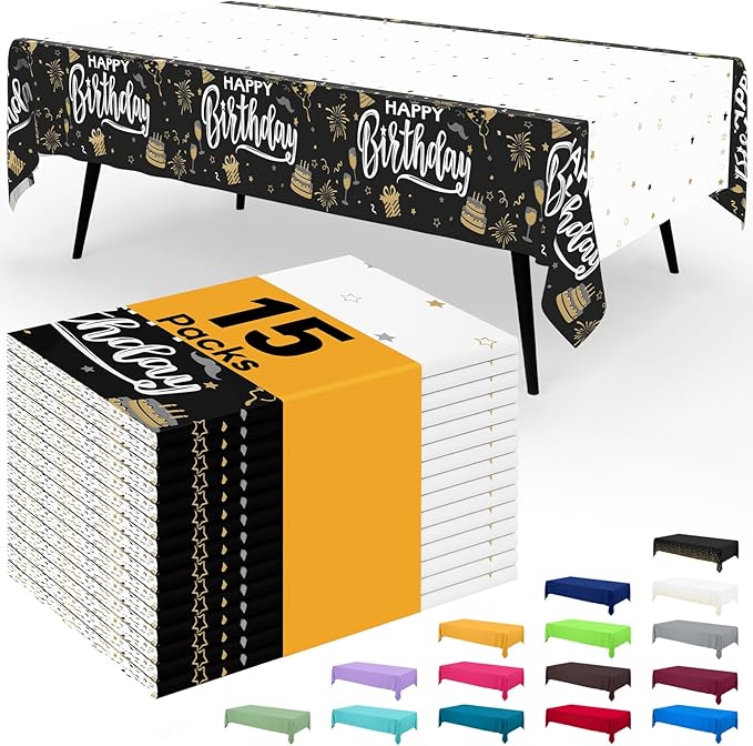 Smiry Disposable Table Cloth - 15 Pack, 54 x 108 Inch Waterproof Rectangle Tablecloths for Parties, Decorative Plastic Table Cover, Leakproof & Sturdy, Black & White