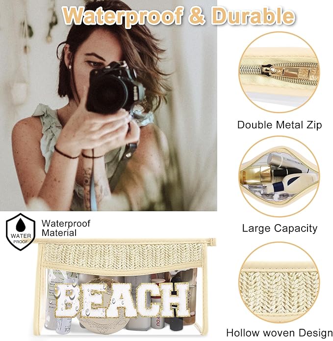 Iqimott Boho Patch Stuff Bag Clear Makeup Letter Bag, Waterproof Zipper Make up Bag Toiletry Pouch, Beach-Beige