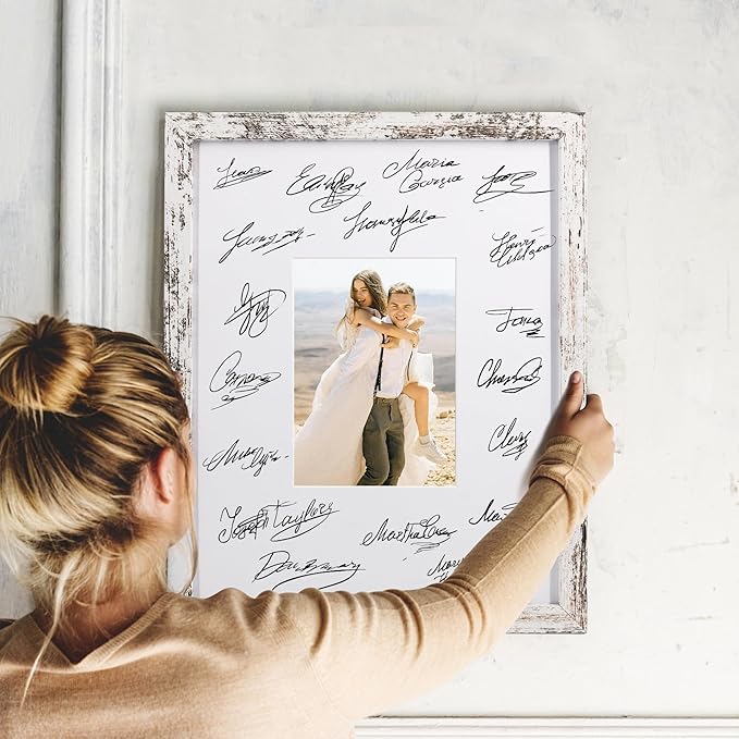 GraduatePro 11x14 Graduation Signature Board Picture Frame with 5x7 Mat for Wedding Birthday Guest Book Signing, White Frame with White Mat
