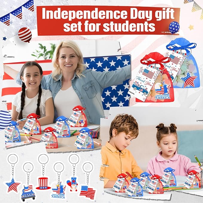 250 Years Anniversary American Independence Day Gifts for Boy 4th of July Keychain Gift Set Gift Tags USA Organza Bags for Fourth of July Key Chain Classroom Reward National Day Gifts