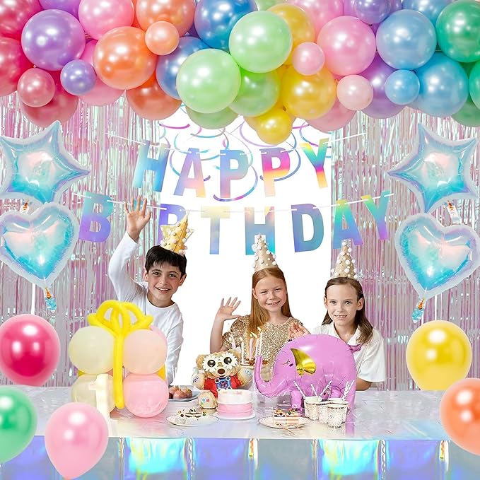Birthday Decorations Pearl Rainbow Balloon Arch Garland Kit Iridescent Disco Party Pastel Tablecloth Supply Fringe Sparkle Backdrop Decor