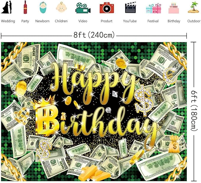 8x6ft Money Birthday Backdrop Money Party Background Dollar Bill Backdrop Hip Hop Background Boy Girl Men Cash Bash Birthday Party Props Photo Booth Decor