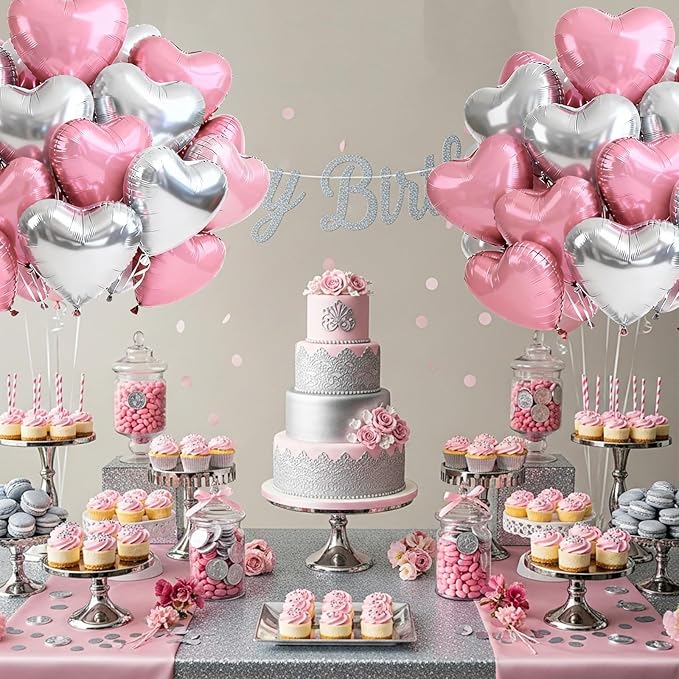 TONIFUL 30Pcs 18 Inch Silver Pink Balloons Heart Shape Foil Mylar Banners Decoration for Birthday Valentine's Day Wedding Bridal Shower Anniversary Engagement Party Supplies