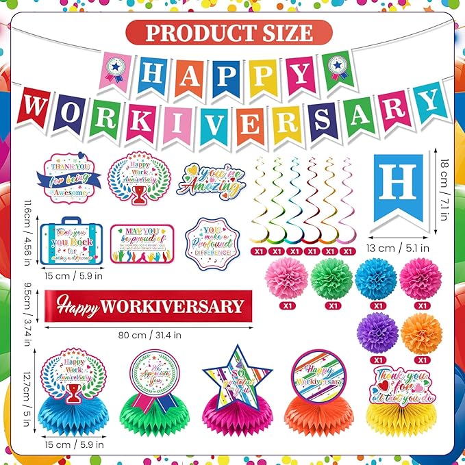 Happy Work Anniversary Decorations Colorful Happy Workiversary Banner Honeycomb Centerpieces Hanging Swirls Tissue Paper Pompoms Sash for Men Women Office Employee Worker Pastor Appreciation Supplies