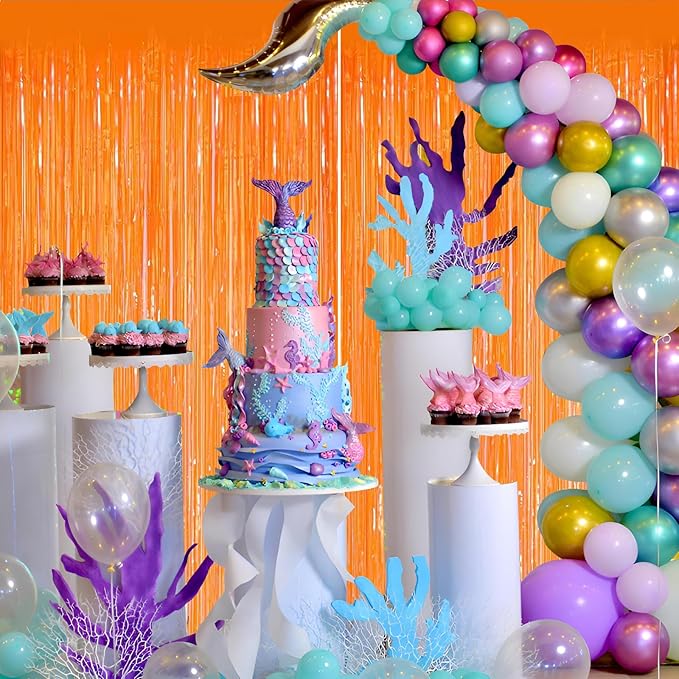 Valentines Day 2 Pack 3.3 * 8.3 ft Foil Curtain Metallic Tinsel Fringe Curtains Photo Booth Props Backdrop for Birthday Wedding Engagement Baby Christmas Holiday Celebration Party, Macaron Orange