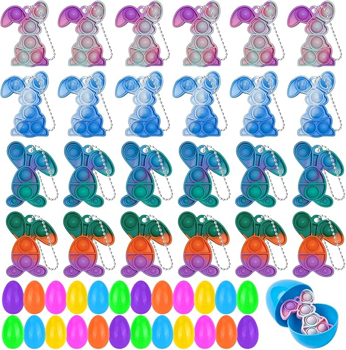 24Pcs Easter Pop Its and Basket Stuffers with Colorful Eggshell,Mini Pop Keychain Rainbow Silicone Simple Fidget Toys Fidget Relieve Anxiety Stress Hand Office Desk Toys for Kids Adults