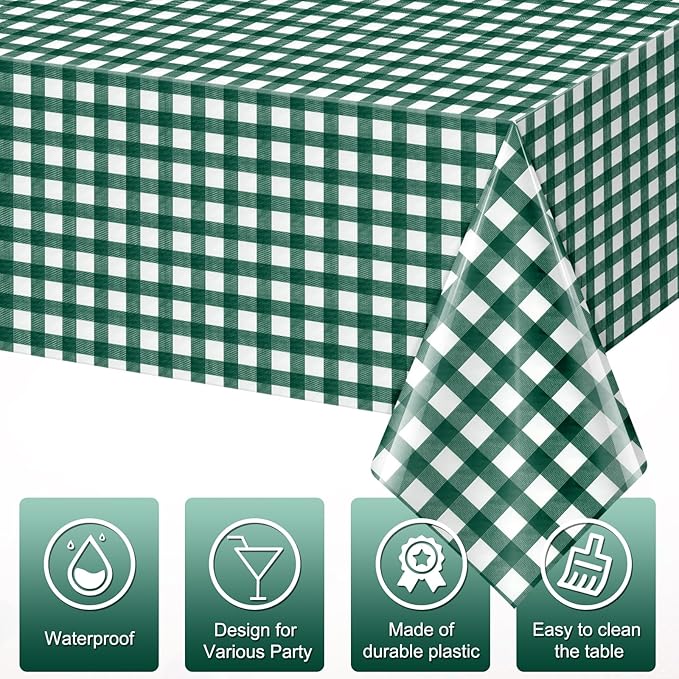 3pcs 54X108inch Dark Green Checkered Tablecloth,Green Gingham Tablecloths Buffalo Plaid Disposable Plastic Table Covers for Birthday Baby Shower Bridal Wedding Party Birthday Decorations