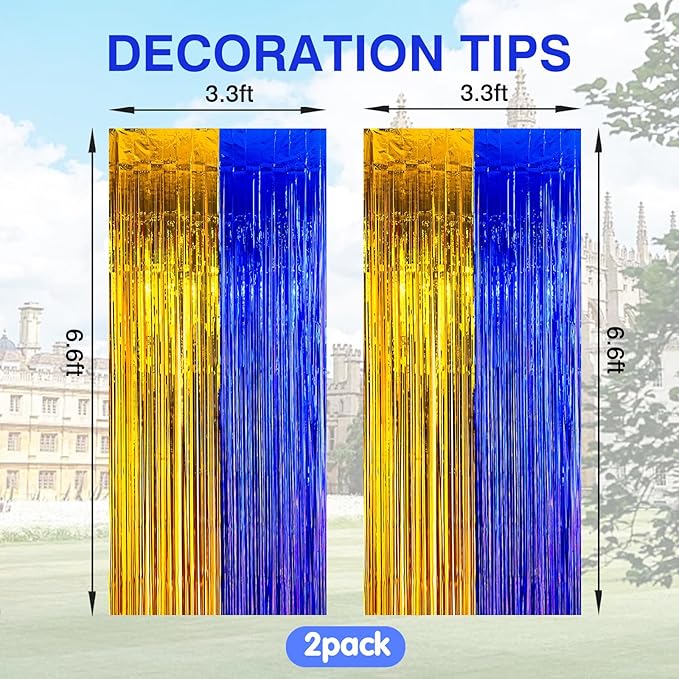 MYUPDALIN 2 Pack Blue and Gold Graduation Decorations 2025 -Tinsel Foil Fringe Curtains Backdrop - High School College University Graduation Party Photo Booth Props Backdrop