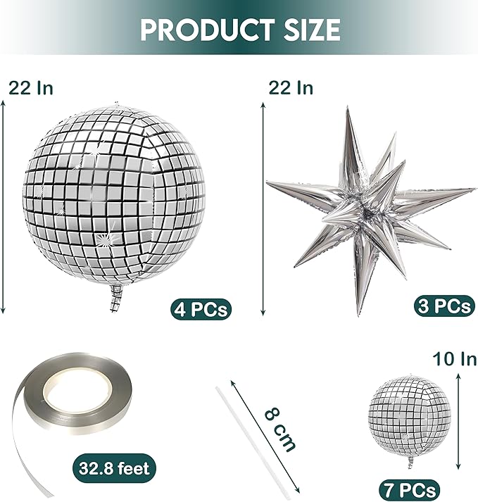 Inflatable Disco Ball Balloons Pack of 14 - 22” Silver Mylar Foil Disco Party Balloons with Star Balloons, Ribbon & Pipe for New Year's Disco Ball Decorations Party, Bachelorette, Birthday Décor