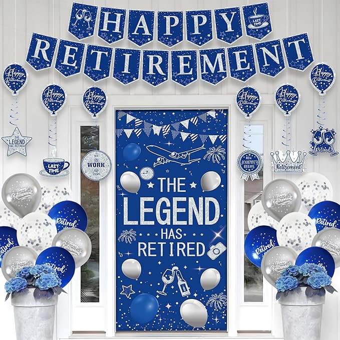 Roetyce Retirement Party Decorations for Men Women, Blue Silver Happy Retirement Banner Balloons Hanging Swirls Kit, Lengend Has Retired Backdrop for Coworker, Office Retired Party Supplies