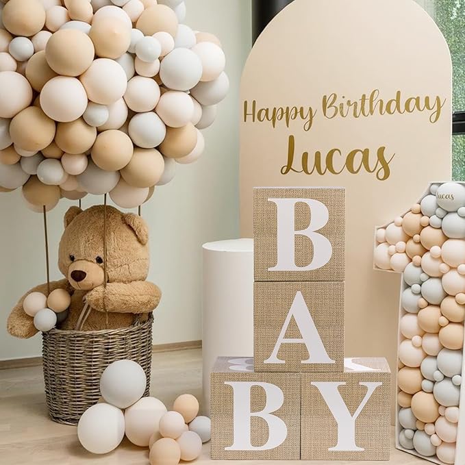 Baby Boxes with Letters for Baby Shower, 4pcs Balloon Boxes with Printed Letters for Gender Reveal Birthday Wedding Baby Shower Decorations(Burlap)