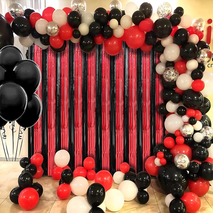 2 Pack Red and Black Foil Fringe Curtains Streamers Party Decorations 3.3 x 8.2 ft, Tinsel Curtain Fringe Backdrop for Parties, Door Fringe Birthday Streamers, Photo Booth Backdrops, Party Decor