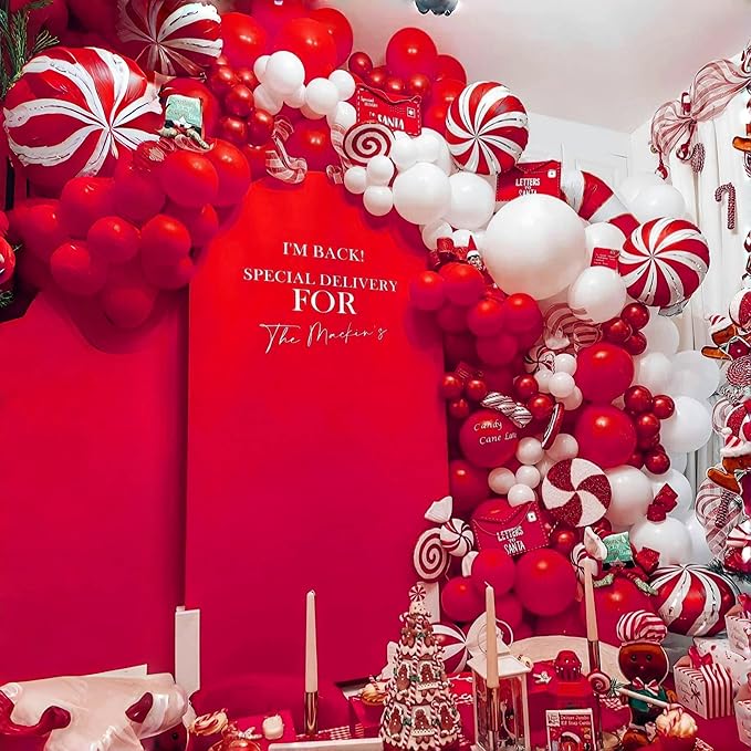 Red Christmas Balloon Garland Arch Kit, Christmas Red White Gold Balloons with Big Gingerbread Cane Windmill Star Mylar Foil Balloons, Metalic Gold Long Balloon for Happy Merry Decorations