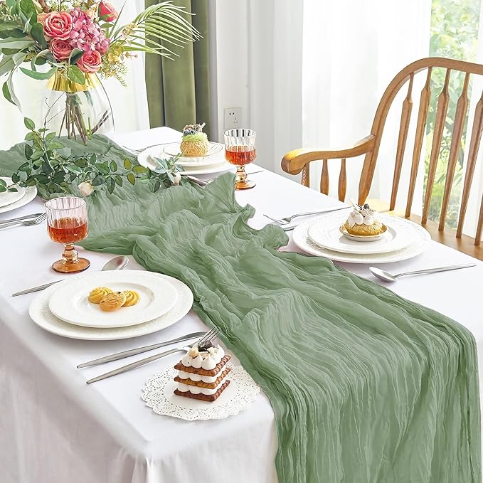 IVAPUPU 4 Pcs Cheesecloth Table Runner - 10ft Sage Green Easter Spring Boho Gauze Cheese Cloth Table Runners for Baby Shower Decoration Wedding Party Garden Farmhouse