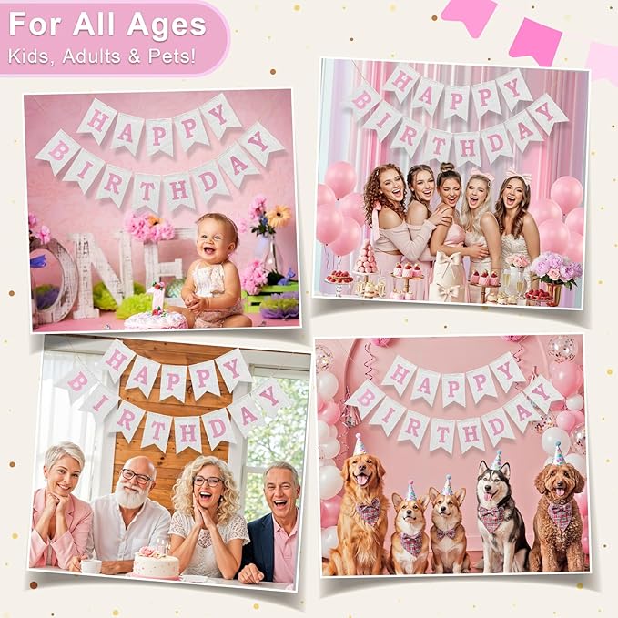 Happy Birthday Banner - Pre‑Strung Burlap Birthday Decorations and Reusable Birthday Sign for Men, Women & Kids | Party Supplies Backdrop (Pink)