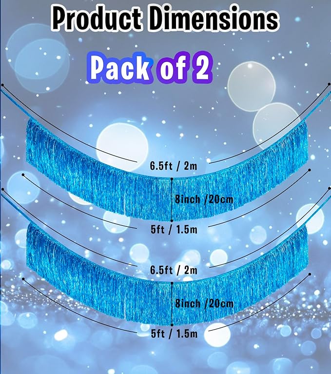 2 Pack Premium Sky Blue Glitter Fringe Tassel Banner for Party Decoration Thick Metallic Foil Tinsel Garland for Birthday Wedding Bachelorette Holiday Disco Home Decor