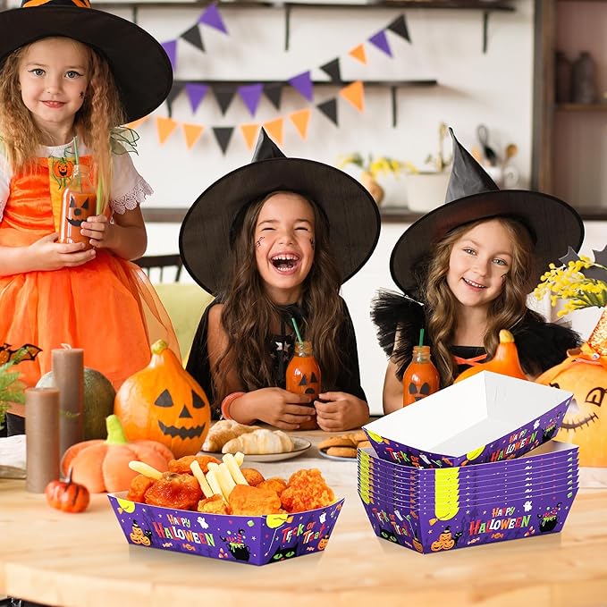 50 PCS Halloween Decorations, Disposable Halloween Paper Food Trays, Fold-to-Assemble Halloween Party Favors, Take Out Food Serving Tray for Trick or Treat Party Food Storage Serving Supplies