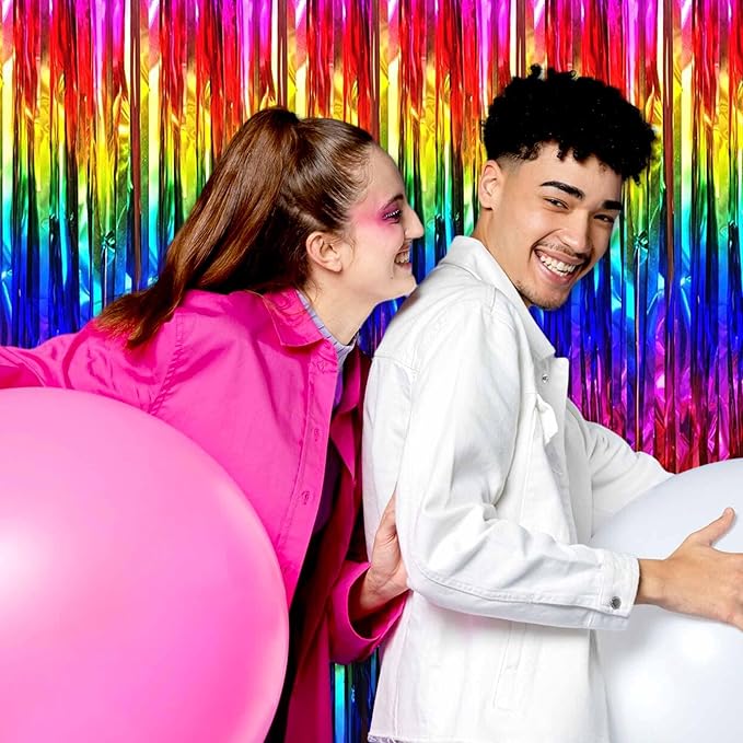 3 Pack Rainbow Foil Fringe Curtains Backdrop, 3.28 x 8.2 Ft Metallic Streamers Tinsel Curtains Background for Photo Booth, Birthday, Halloween, Christmas, Thanksgiving, New Year Party Decorations