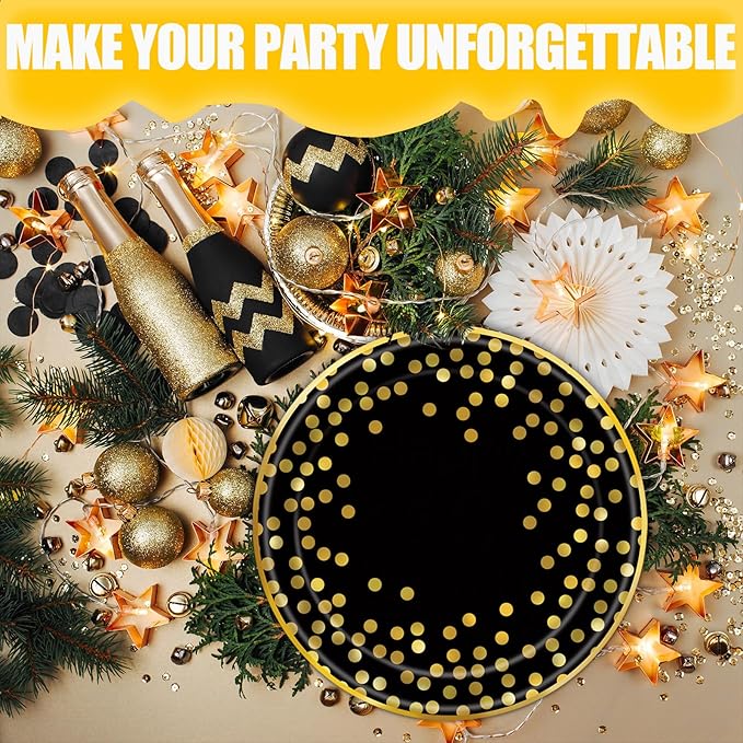 350PCS Black and Gold Paper Plates Party Supplies for 50 Guests Disposable Party Decorations Dinnerware Golden Dot Black Paper Plates Napkins Cups Gold Plastic Forks Knives Spoons for Parties
