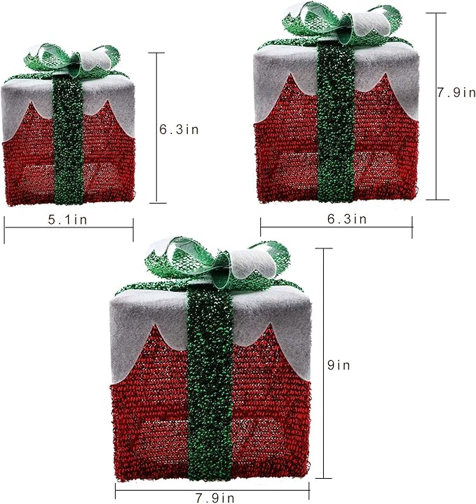 MorTime Set of 3 LED Boxes with Green Bows, Lighted Red Boxes with 60 LED Light String for Christmas Indoor Outdoor Home Yard Party Decoration