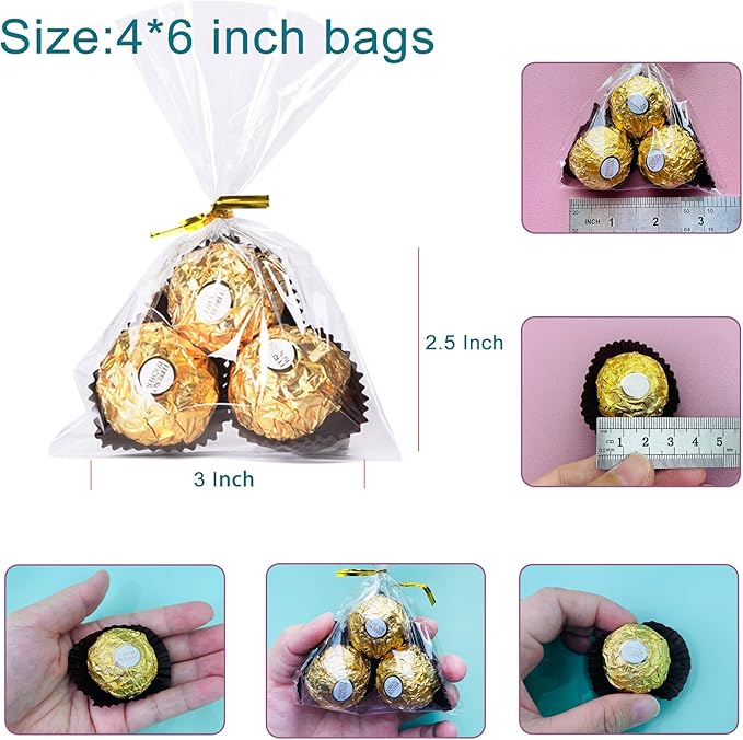 Cello Cellophane Treat Bags, 200 Pcs 4x6 Inches Clear Cellophane Bags with 200 Twist Ties for Gift Wrapping,Packaging Candies,Dessert,Bakery,Party Favors
