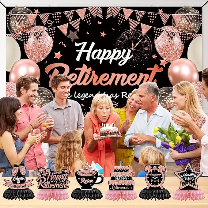 Retirement Party Decorations for Women, Rose Gold Happy Retirement Decorations Banner with 6PCS Honeycomb Centerpiece,5.9 x 3.6Ft,Going Away Party Decorations Coworker Goodbye Party Supplies