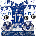 17th Birthday Decorations for Boys Girls, Blue Silver Happy 17th Birthday Party Decorations Supplies - 17th Birthday Backdrop Banner Tablecloth Triangle Flag Balloons for 17 Year Old Boy Party Decor