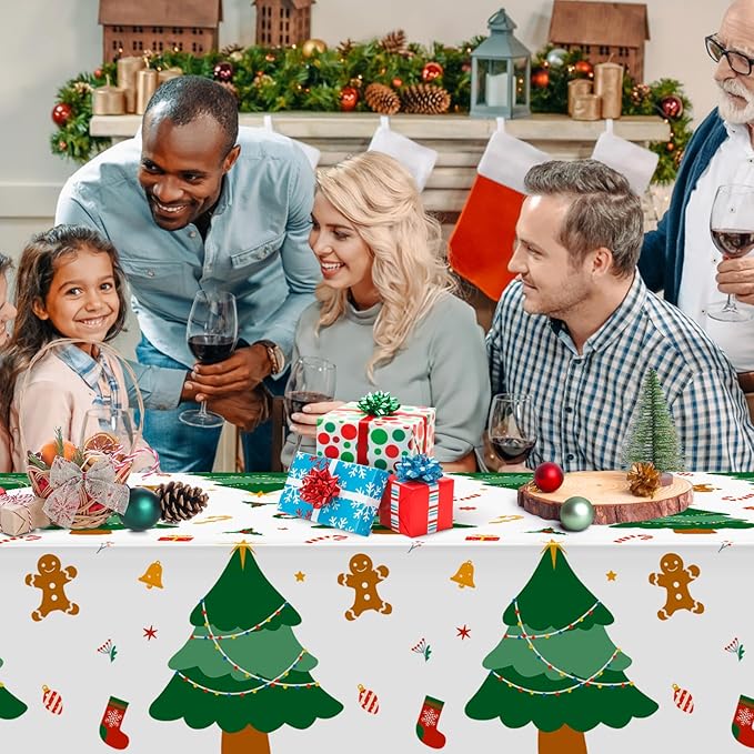 Hxezoc Disposable Plastic Christmas Tree Tablecloth, 54 x 108 Inches Christmas Party Table Cover for Xmas Winter Holiday New Year Home Dinner Decorations