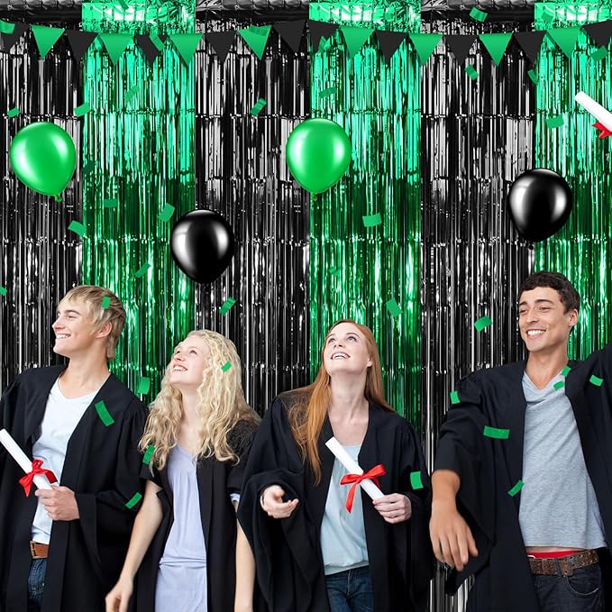 6Pack 3.3Ft x 6.6Ft Graduation Foil Fringe Curtain Backdrop Decorations, Green Black Metallic Tinsel Foil Streamers Curtain Photo Booth Background for Graduation Prom Wedding Birthday Party Decoration
