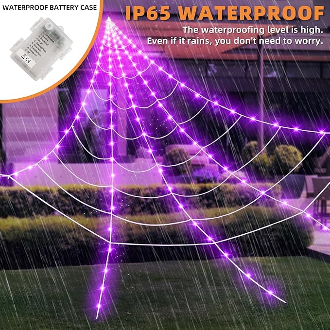 Halloween Decorations Outdoor and Indoor, 250 LED Halloween Spider Web Light Decorations, 200" Large Light Up Spider Web for Yard(Purple)