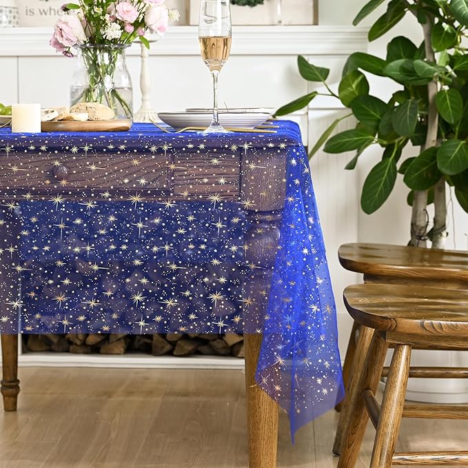 Horaldaily Royal Blue Gold Sparkling Star Gauze Tablecloth 60x140 Inch Rectangular, Golden Star Sequin Glitter Metallic Foil, Sheer Tulle Cheesecloth for Wedding Baby Shower Party