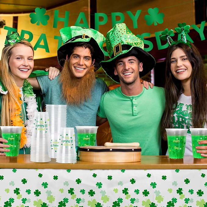 St. Patrick's Day Celebration Pack - 60 Pcs 12oz Irish Themed Plastic Cups with Lucky Shamrock Design, Disposable for Easy Clean-Up, Ideal for Party Supplies & Favors,Irish Party Decorations