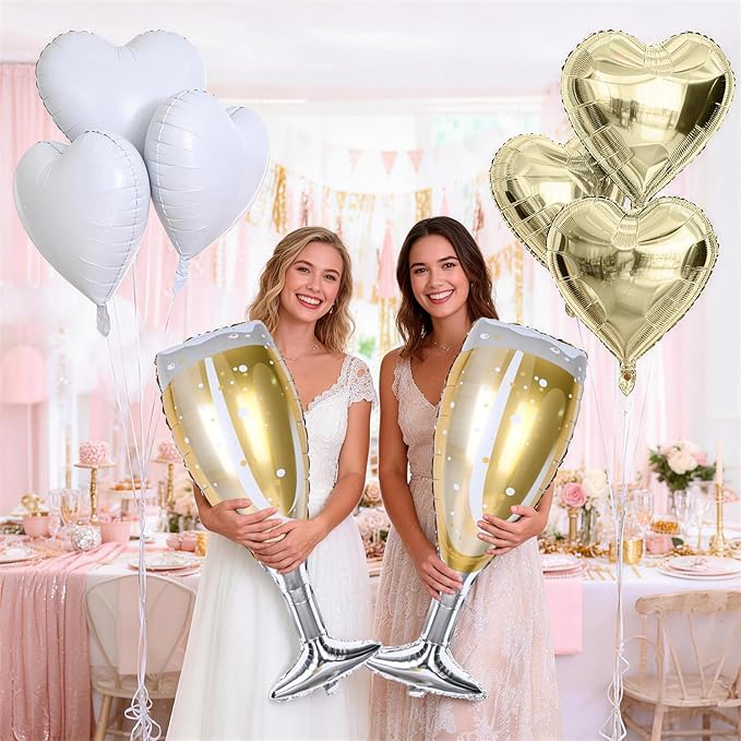 Champagne Balloons, Engagement Party Balloons with Champagne Bottle Glass Foil Mylar Balloon Gold White Heart Shaped Balloon for Wedding Anniversary Bachelorette Birthday Bridal Shower Decorations