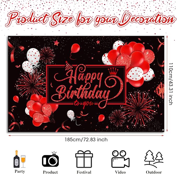 Blulu Happy Birthday Backdrop Banner Sign Poster Large Fabric Glitter Balloon Fireworks Sign Photo Backdrop Background for Birthday Party Decoration Supplies, 72.8 x 43.3in(Black and Red)