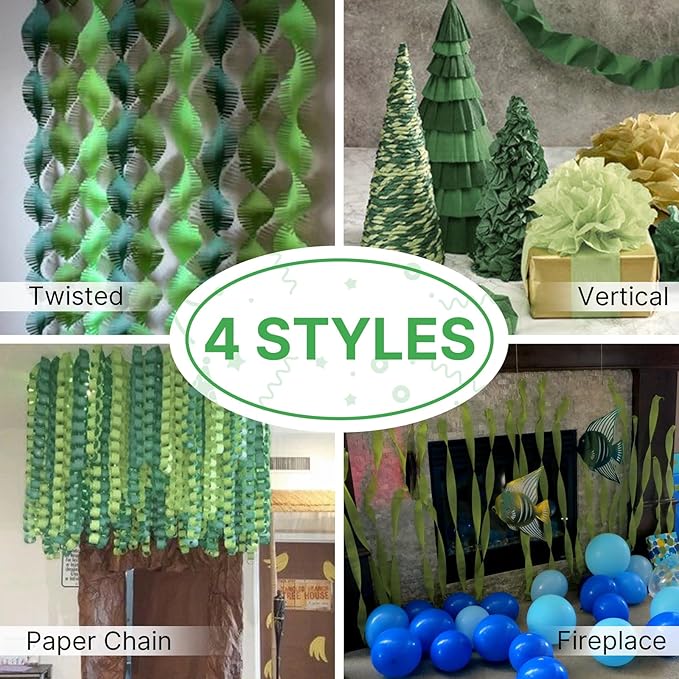 PartyWoo Sage Green Crepe Paper Streamers 4 Rolls 328 ft Pack of Hunter Sage Green Gold Sand White Crepe Paper for Jungle Safari Graduation Birthday Party Decorations (1.8 Inch x 82 Ft/Roll)