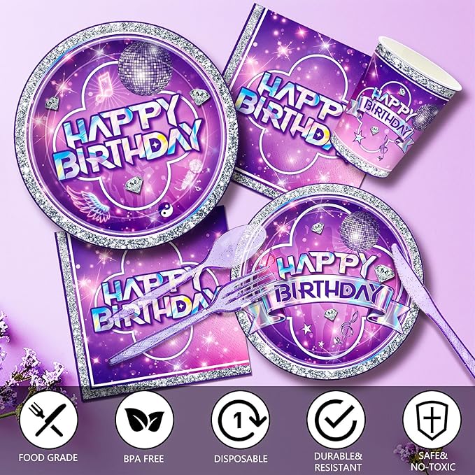 168pcs Music Party Supplies Paper Plates Napkins Disposable Paper Cups Purple Fork Tableware Set Purple Music Birthday Party Decoations for Girls Birthday Supplies Serve 24