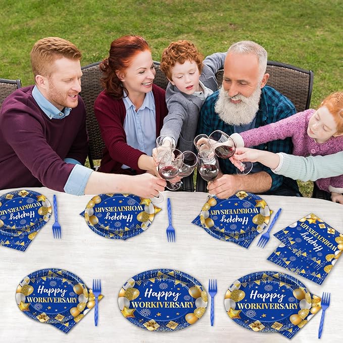 96Pcs Happy Work Anniversary Party Supplies Blue Gold Happy Workiversary Tableware Dinnerware Set Worker Appreciation Plates Napkins Decorations for Women Men Office Employee Worker