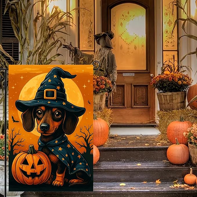 Halloween Garden Flag Dachshund Dog Pumpkin Witch Hat Double Sided 12x18 Inch Cute Fall Garden Flag Outdoor Yard Lawn Decor Trick Or Treat Banner Autumn Porch Decoration Spooky Holiday Sign