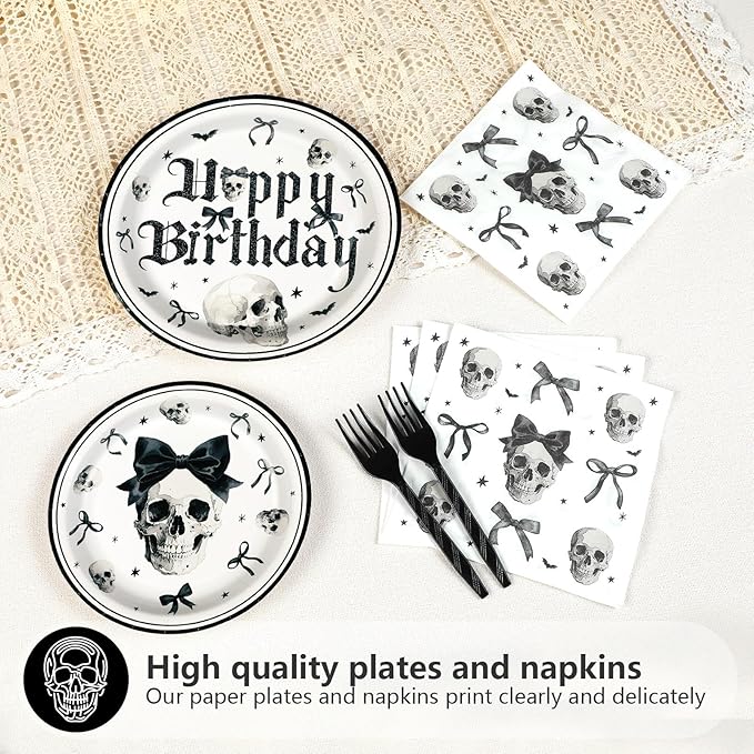 Grencian 96Pcs Gothic Birthday Party Supplies Goth Skeleton Birthday Paper Plates and Napkins Tableware Sets Black Bow Skull Decorations Favors for Kids Girls Halloween Horror Bday Party Serves 24