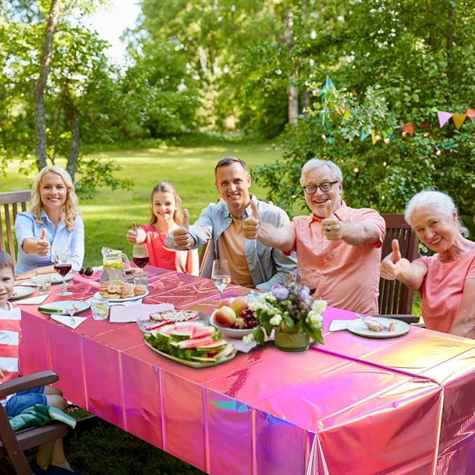 1 Pack Iridescent Pink Plastic Tablecloths, FunnyPars Shiny Disposable Laser Rectangle Table Covers, Holographic Foil Tablecloth Iridescent Party Decorations for Kpop Birthday Wedding Xmas, 54x108Inch