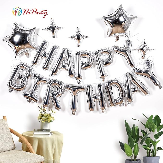 23 Pcs Happy Birthday Balloons Banner, 16 Inch Silver Balloons Mylar Foil Letter with 5pcs Star Balloons Kits for Kids Boys Men Women and Girls Birthday Party Decoration Supplies