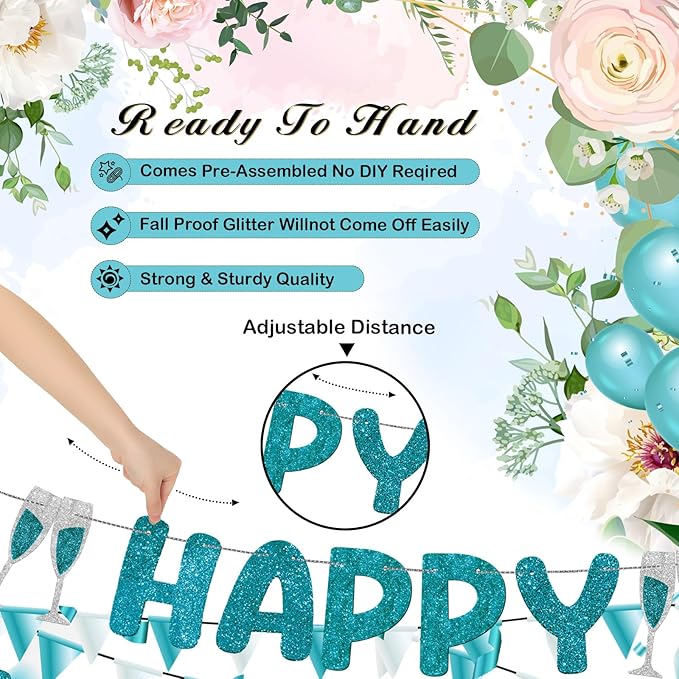 Breling Pre Strung Happy Engagement Banner Glitter Engagement Party Decorations for Congratulations Engaged Wedding Shower Signs Decor(Teal)