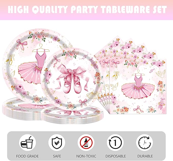 193Pcs Ballerina Birthday Party Decorations for 24 - Ballet Party Tableware Set with 7&9in Plates, Napkins, Cutlery Set, Tablecloth | Disposable Dance Party Supplies for Girls