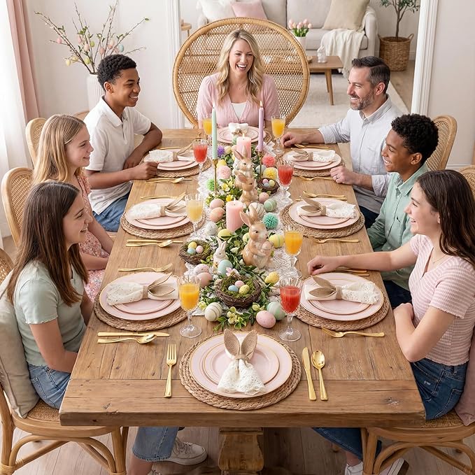 350PCS Pink Disposable Plates - Pink Plastic Plates 50Guests Plastic Dinnerware Sets with Rolled Napkins for Wedding/Birthday/Baby shower/Easter
