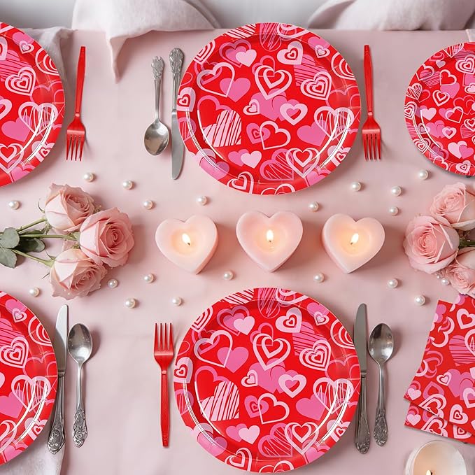 96 Pieces Valentines Day Plates and Napkins Tableware Set, Red Pink Heart Love Disposable Dinnerware with Paper Plates Napkins and Forks for Valentine Day Wedding Anniversary Party Favors - Serves 24