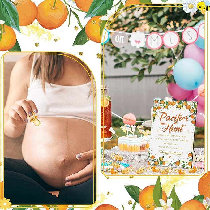 Thyle 51Pcs Little Cutie Pacifier Hunt Baby Shower Games Include Orange Hunt Sign and 50 Acrylic Pacifiers a Little Cutie Is on The Way Theme Baby Shower Game Decoration for Gender Reveal Party Decor