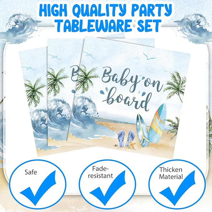 350 Pieces Baby on Board Party Decorations Supplies Tropical Summer Beach Party Tableware Set Baby Shower Party Dessert Plates Napkins Forks for 50 Guests