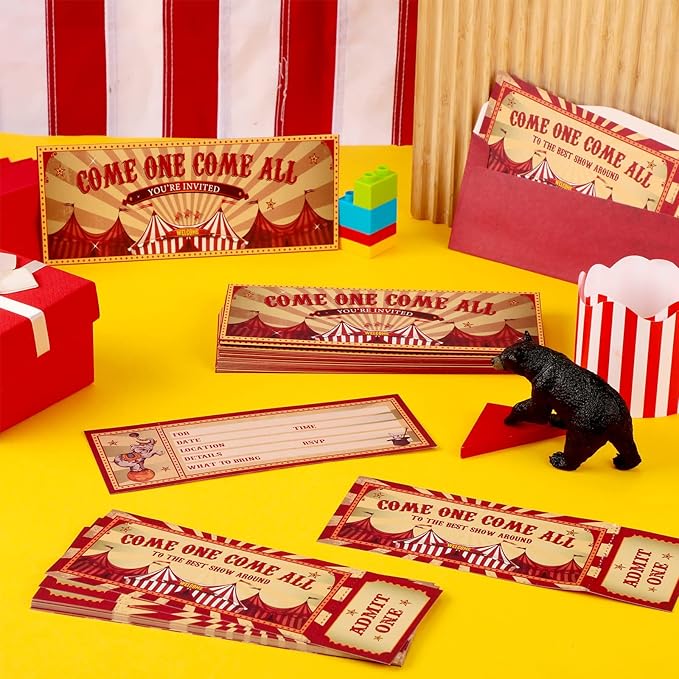 Fuutreo 50 Pcs Circus Party Invitations with Envelopes Vintage Carnival Birthday Invitations Double-sided Fill in Invites for Theme Birthday Party 25 Ticket 25 Envelopes